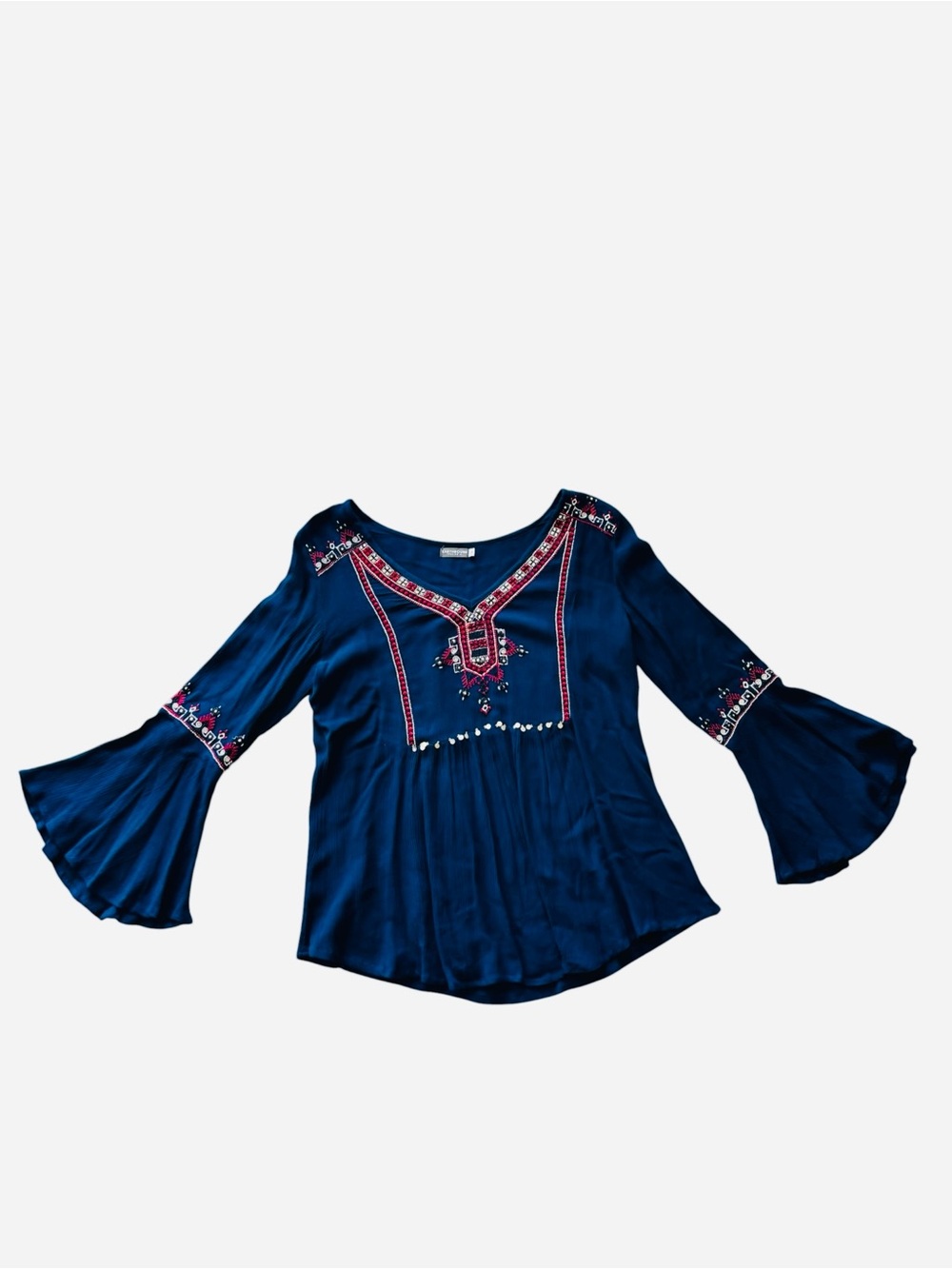 Earthbound Trading Co. Bell Sleeve Boho Floral Peasant Embroidered Blouse Navy M